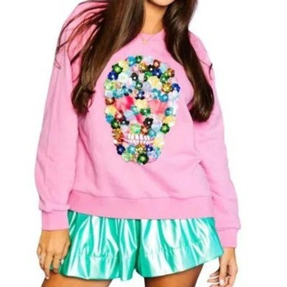 Queen of Sparkles Skull Sweatshirt Womens XXL Pink Floral Sequin Embellished Top